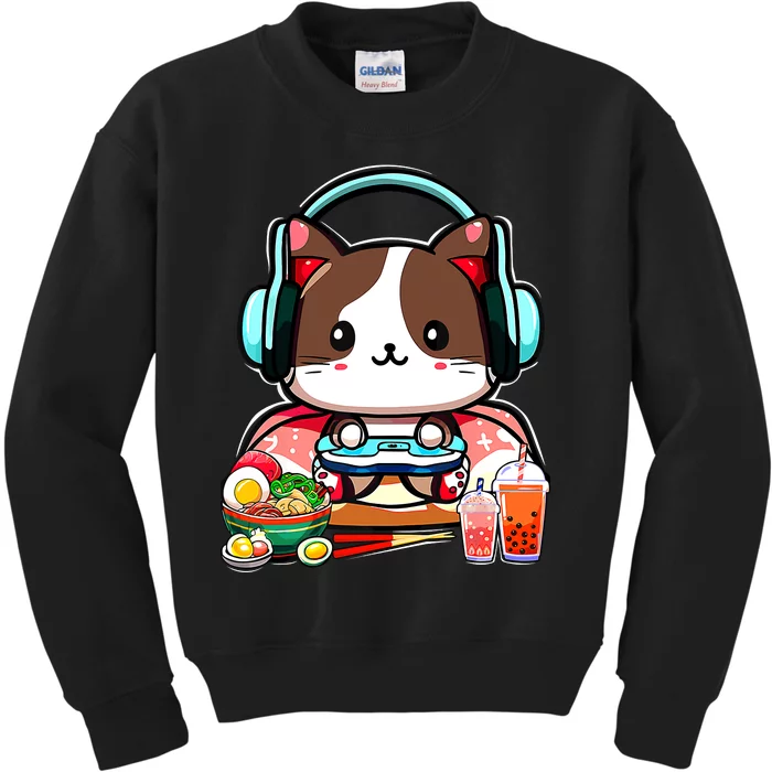 Anime Boba Tea Bubble Tea Gaming Gamer Ramen Cat Kids Sweatshirt