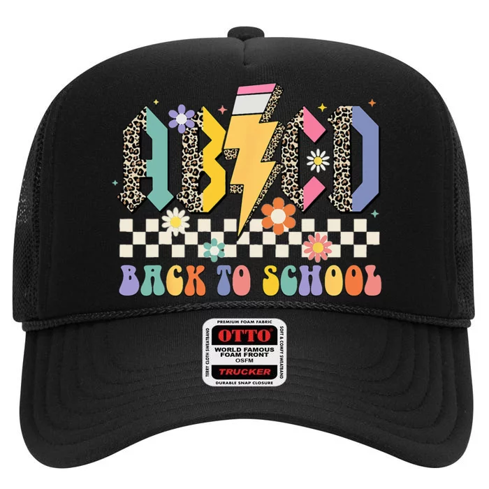 ABCD Back To School Back In Class Teacher Back To School High Crown Mesh Trucker Hat