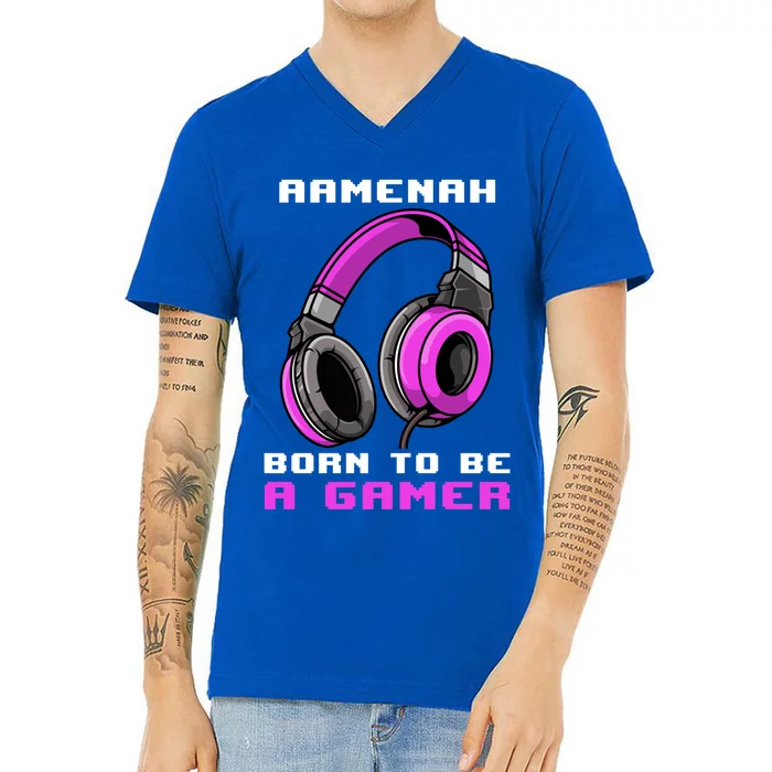 Aaah Born To Be A Gamer Personalized Gift V-Neck T-Shirt