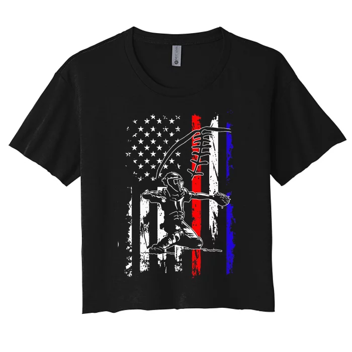 America Baseball USA Flag Love Sport 4th of July Women's Crop Top Tee