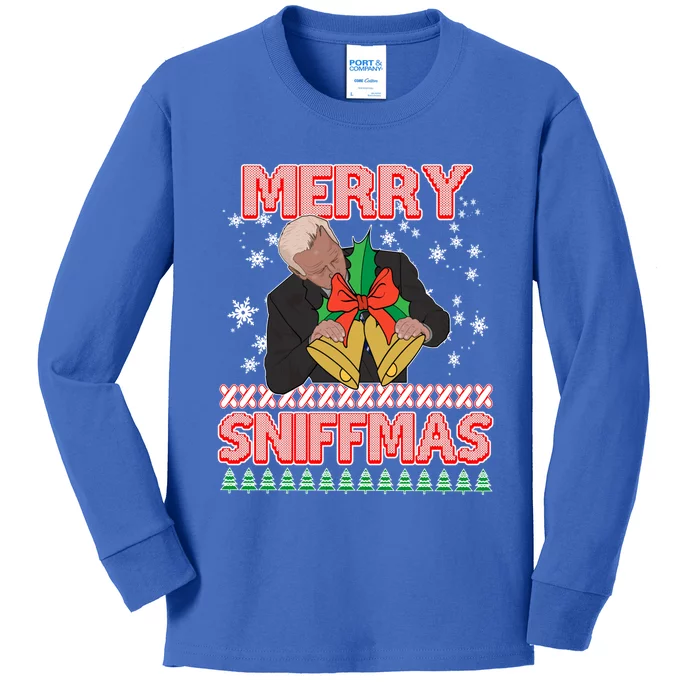 Anti Biden Ugly Christmas Funny Merry Sniffmas Xmas Funny Gift Kids Long Sleeve Shirt