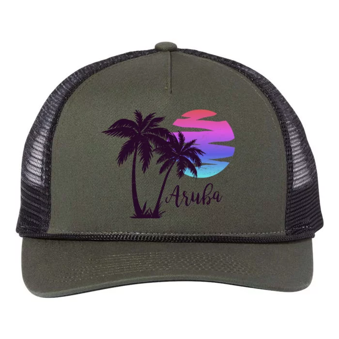 Aruba Beach Vacation Caribbean Cruise Retro Sunset Palm Tree Meaningful Gift Retro Rope Trucker Hat Cap