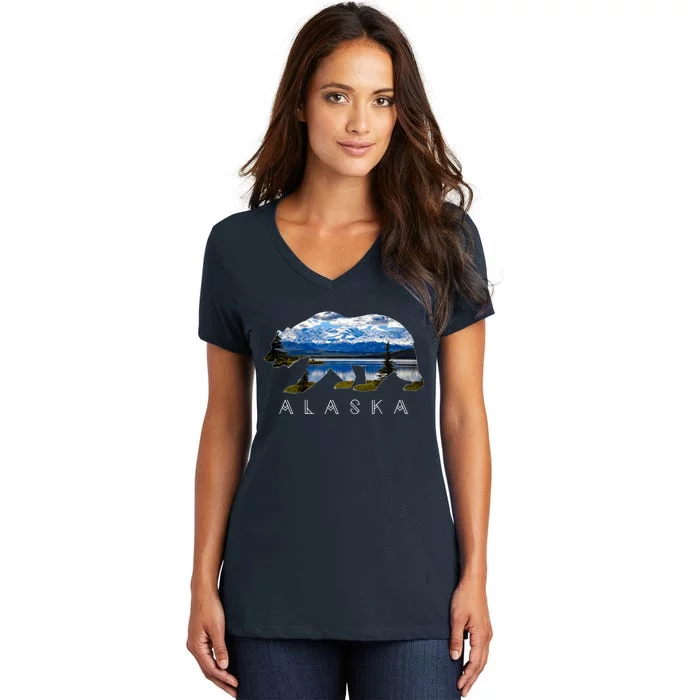 Alaskan Bear With Lake & Mountain Souvenir Women's V-Neck T-Shirt