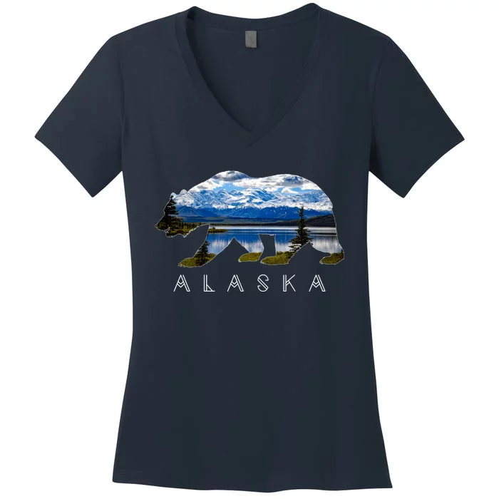 Alaskan Bear With Lake & Mountain Souvenir Women's V-Neck T-Shirt