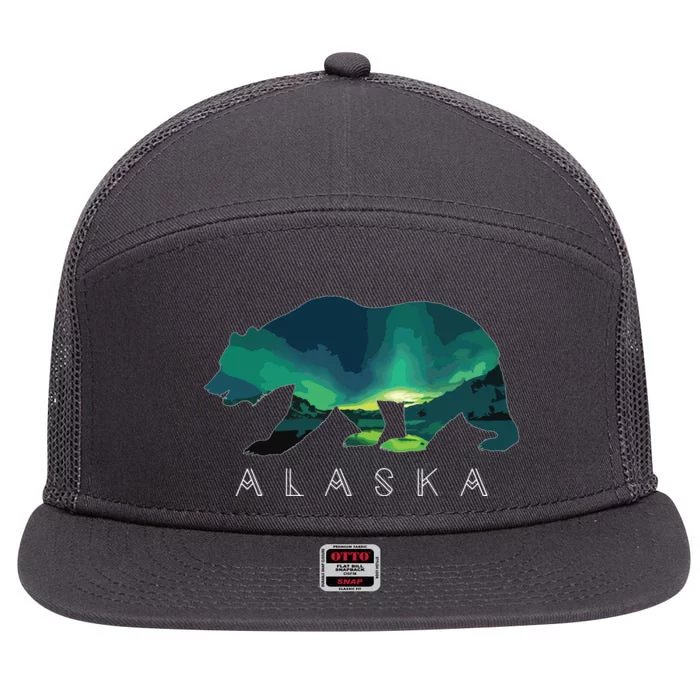 Alaskan Bear With Borealis Icy Mountain 7 Panel Mesh Trucker Snapback Hat