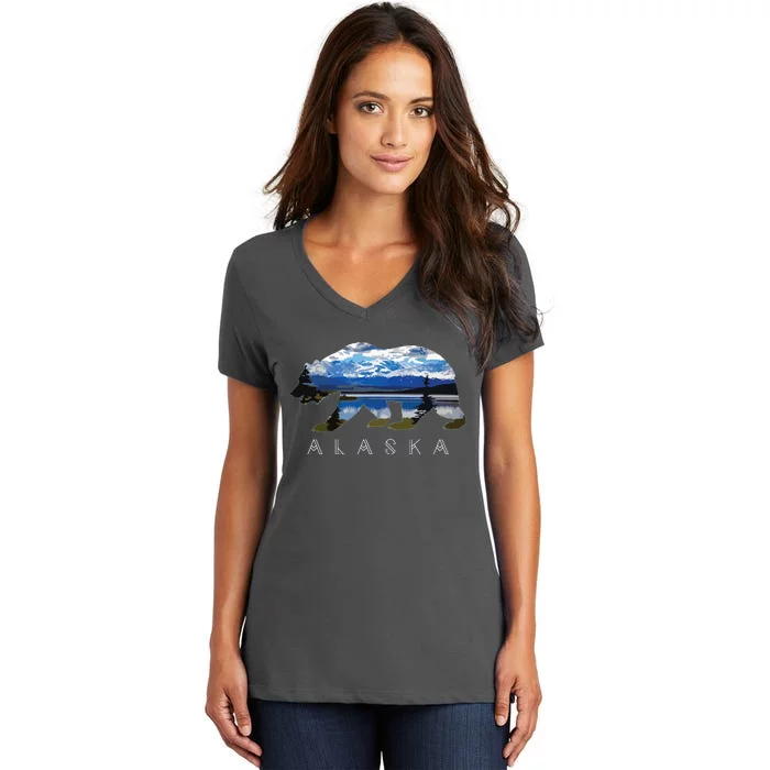 Alaskan Bear With Lake Mountain Souvenir Women's V-Neck T-Shirt