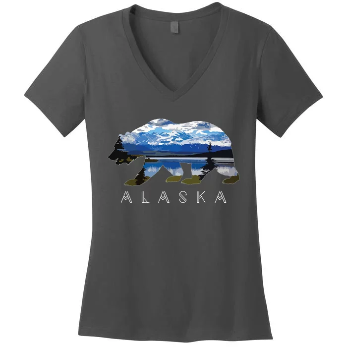 Alaskan Bear With Lake Mountain Souvenir Women's V-Neck T-Shirt