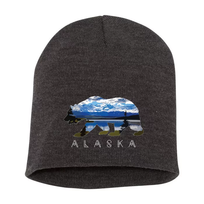 Alaskan Bear With Lake Mountain Souvenir Short Acrylic Beanie