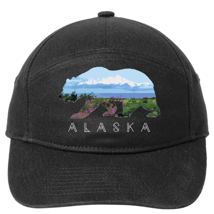 Alaskan Bear With Wildflowers Mountain Snow 7-Panel Snapback Hat