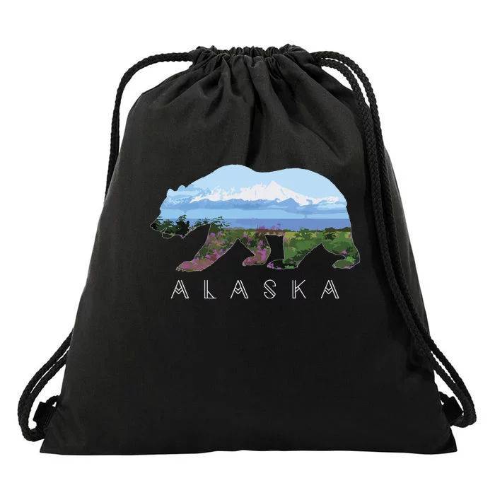 Alaskan Bear With Wildflowers Mountain Snow Drawstring Bag