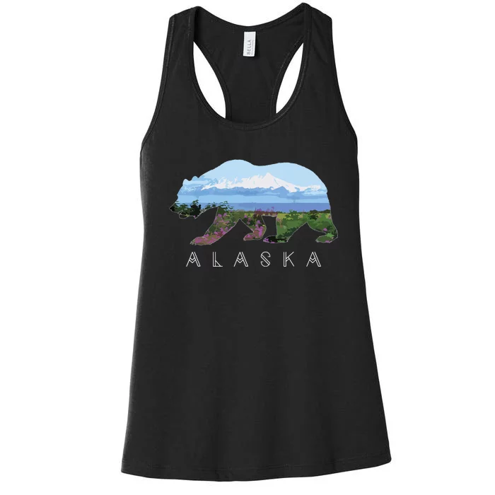 Alaskan Bear With Wildflowers Mountain Snow Women's Racerback Tank