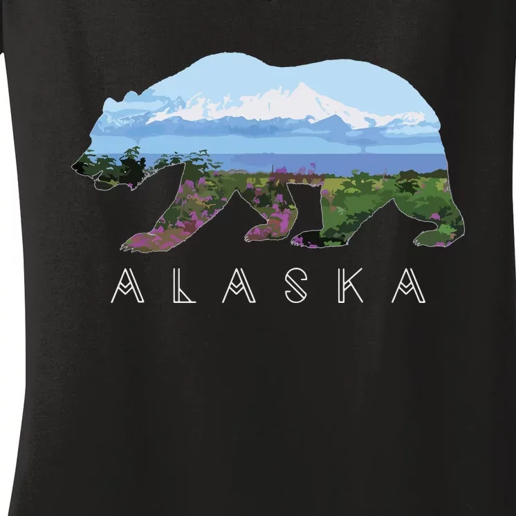 Alaskan Bear With Wildflowers Mountain Snow Women's V-Neck T-Shirt