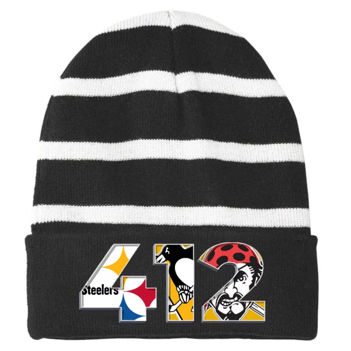 Area Code 412 Sports Teams For Pittsburgh Striped Beanie with Solid Band