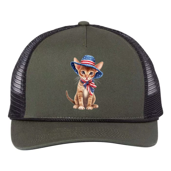 American Cat 4th Of July Cat Patriotic Cats Abyssinian Kitten Retro Rope Trucker Hat Cap