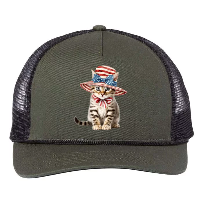 American Cat 4th Of July Cat Patriotic Cats Bengal Kitten Retro Rope Trucker Hat Cap