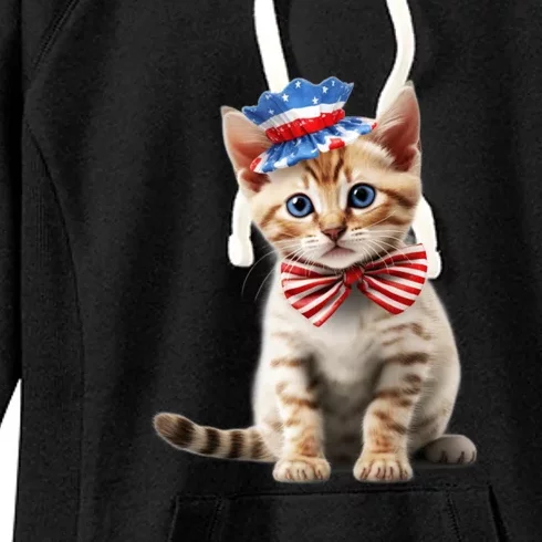 American Cat 4th Of July Cat Patriotic Cats Bengal Kitten Women's Fleece Hoodie