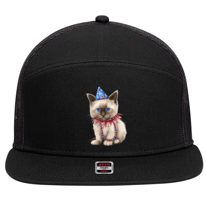 American Cat 4th Of July Cat Patriotic Cats Birman Kitten 7 Panel Mesh Trucker Snapback Hat