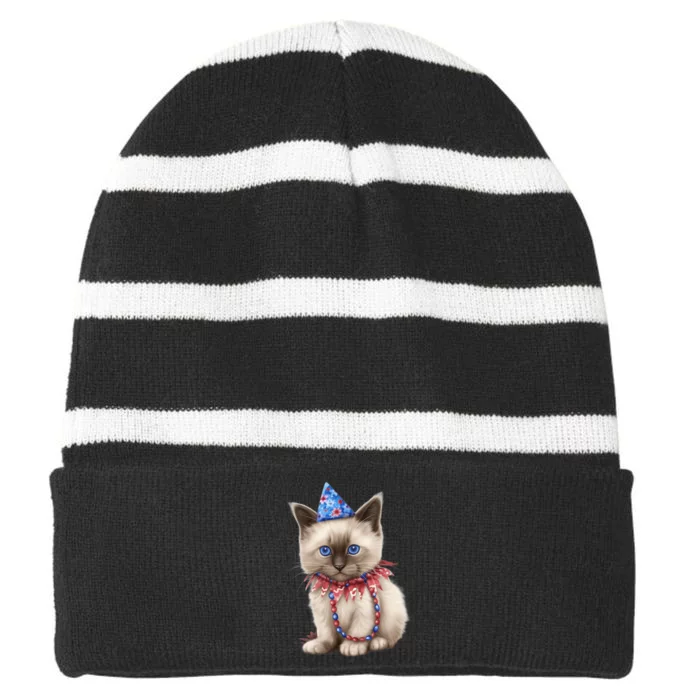 American Cat 4th Of July Cat Patriotic Cats Birman Kitten Striped Beanie with Solid Band