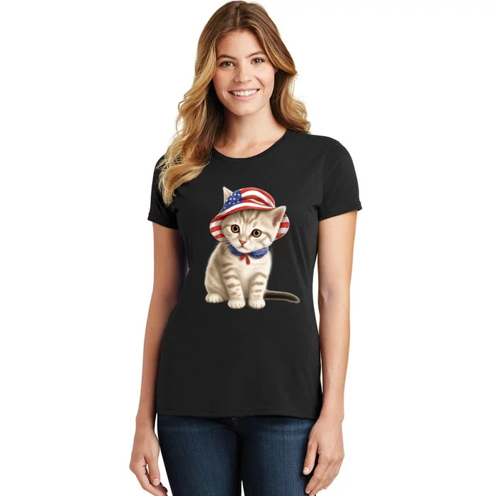 American Cat 4th Of July Cat Patriotic Cats Siberian Kitten Women's T-Shirt