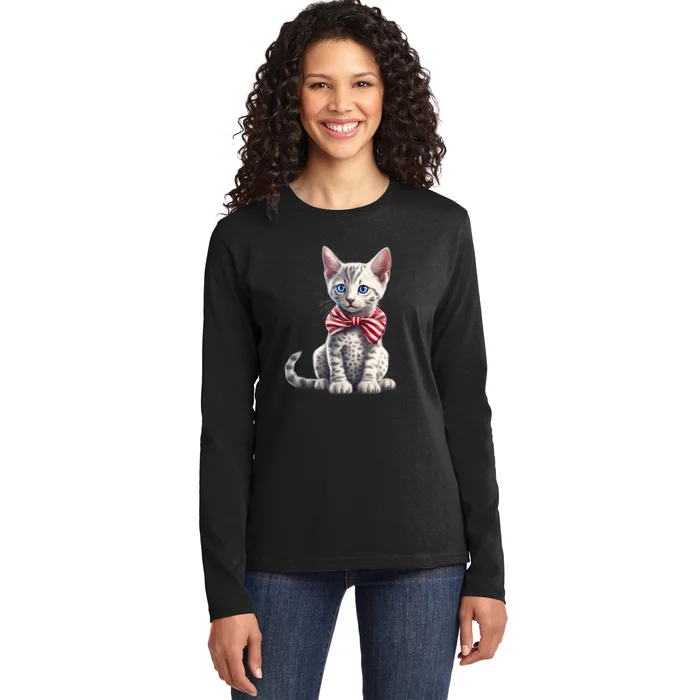 American Cat 4th Of July Cat Patriotic Cats Egyptian Mau Kitten Ladies Long Sleeve Shirt