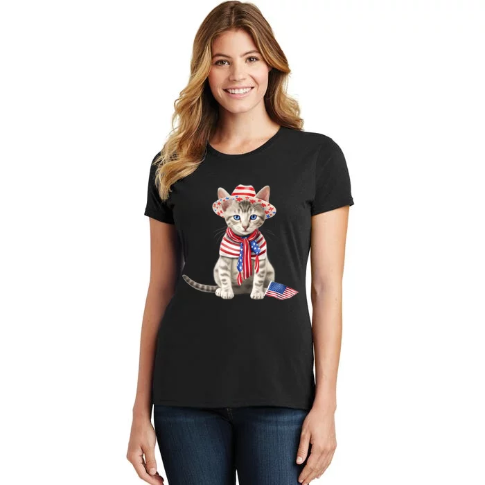 American Cat 4th Of July Cat Patriotic Cats Egyptian Mau Kitten Women's T-Shirt