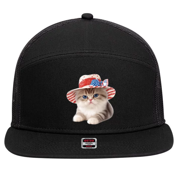 American Cat 4th Of July Cat Patriotic Cats Exotic Shorthair Kitten 7 Panel Mesh Trucker Snapback Hat