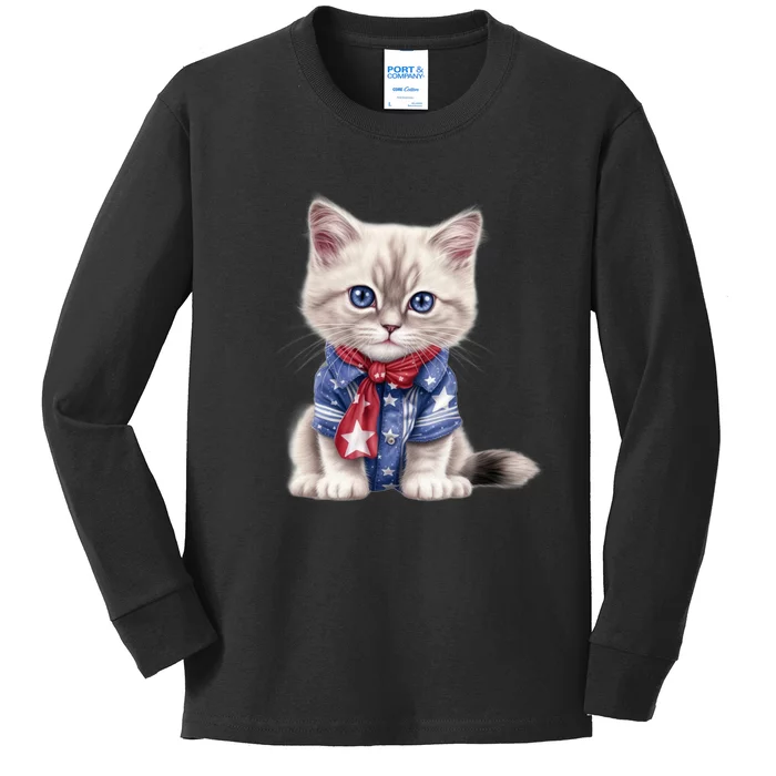 American Cat 4th Of July Cat Patriotic Cats Himalayan Kitten Kids Long Sleeve Shirt