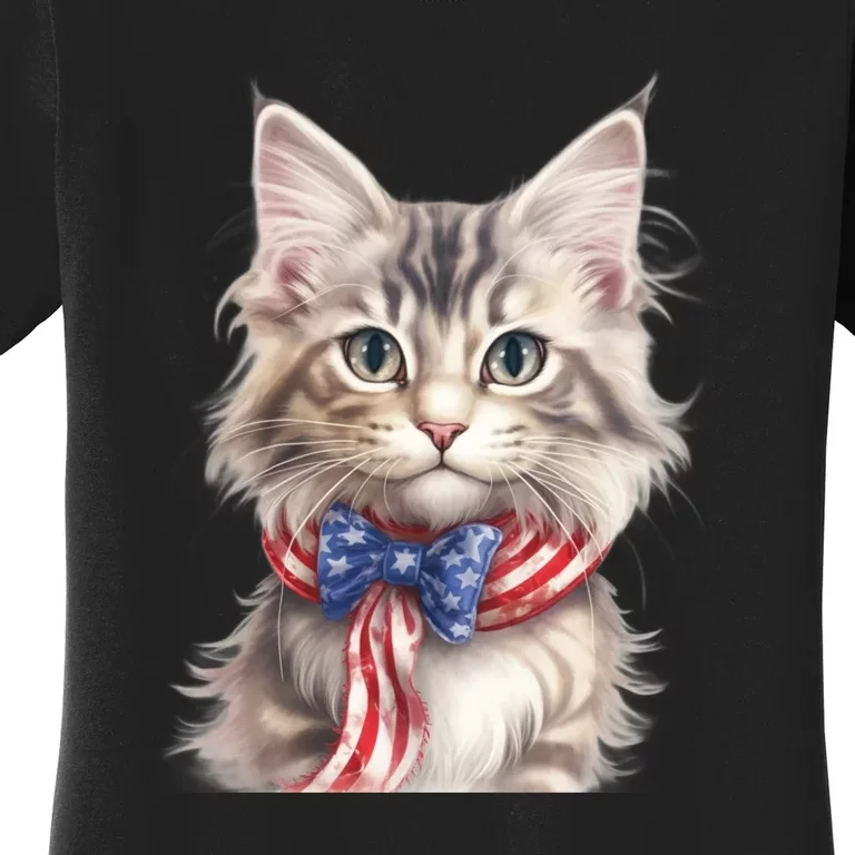 American Cat 4th Of July Cat Patriotic Cats Maine Coon Kitten Women's T-Shirt