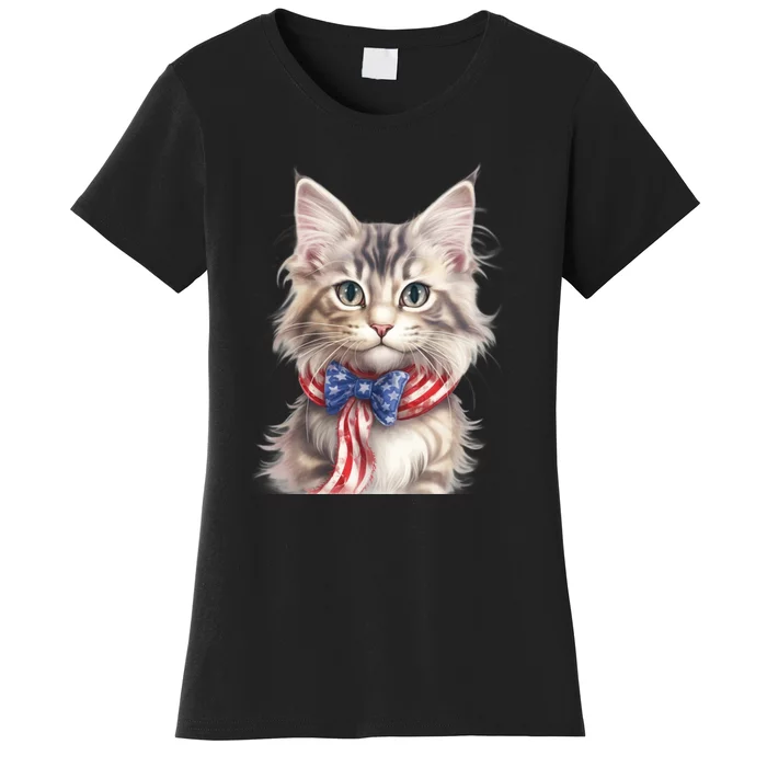 American Cat 4th Of July Cat Patriotic Cats Maine Coon Kitten Women's T-Shirt