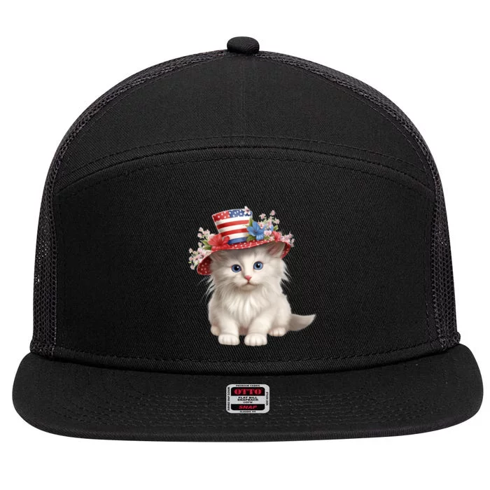 American Cat 4th Of July Cat Patriotic Cats Norwegian Forest Kitten 7 Panel Mesh Trucker Snapback Hat