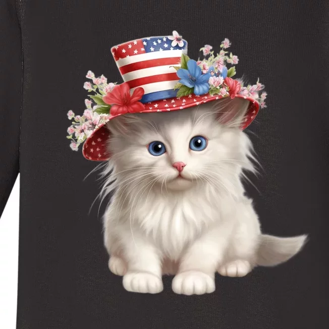 American Cat 4th Of July Cat Patriotic Cats Norwegian Forest Kitten Baby Long Sleeve Bodysuit