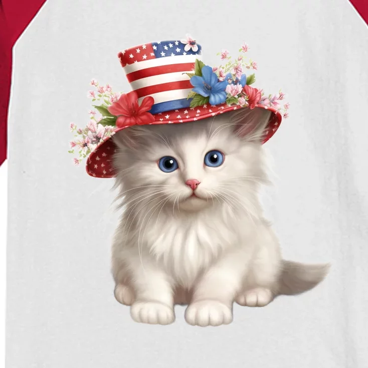 American Cat 4th Of July Cat Patriotic Cats Norwegian Forest Kitten Kids Colorblock Raglan Jersey