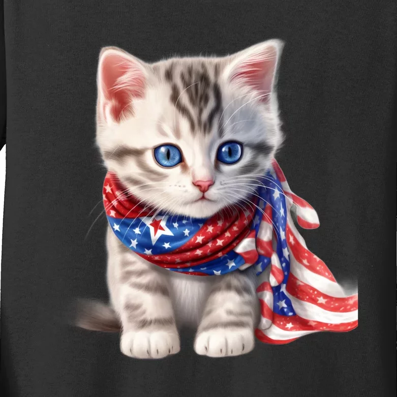 American Cat 4th Of July Cat Patriotic Cats Somali Kitten Kids Long Sleeve Shirt