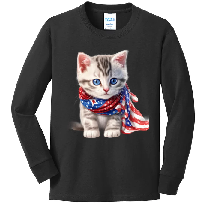 American Cat 4th Of July Cat Patriotic Cats Somali Kitten Kids Long Sleeve Shirt