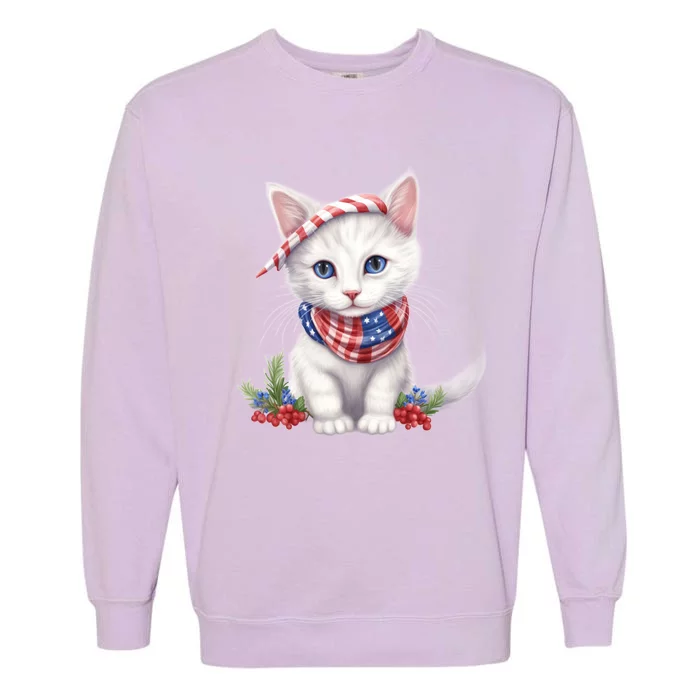 American Cat 4th Of July Cat Patriotic Cats Turkish Angora Kitten Garment-Dyed Sweatshirt