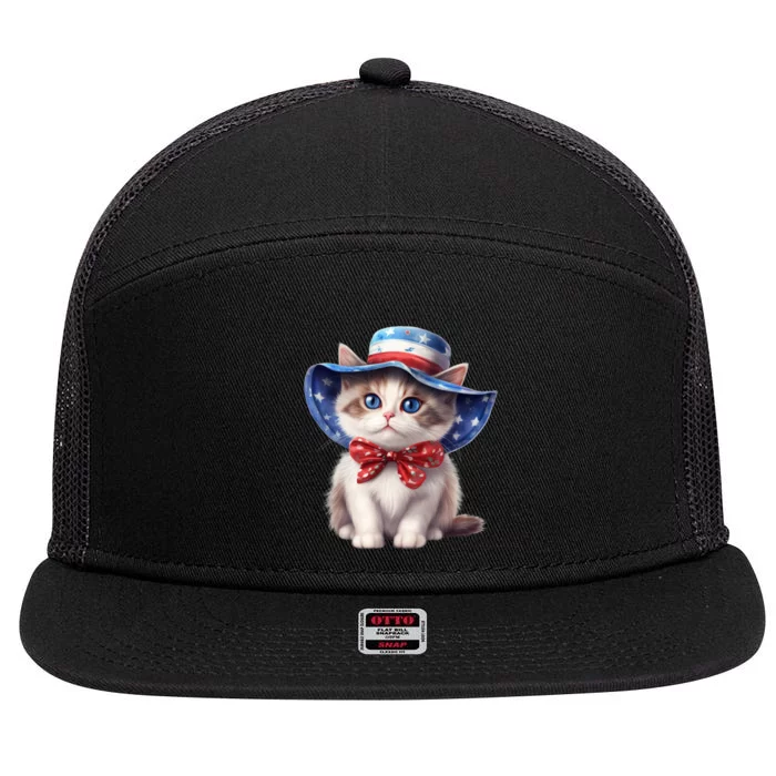 American Cat 4th Of July Cat Patriotic Cats Bombay Kitten 7 Panel Mesh Trucker Snapback Hat