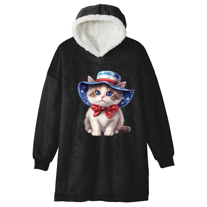 American Cat 4th Of July Cat Patriotic Cats Bombay Kitten Hooded Wearable Blanket