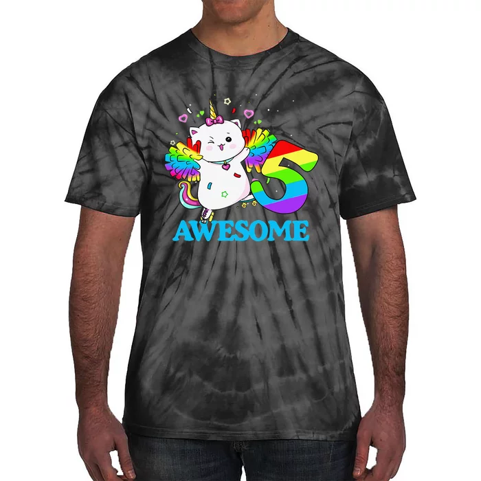 Awesome Caticorn 5th Birthday Unicorn Five Years Old Tie-Dye T-Shirt