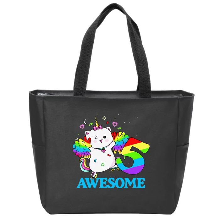 Awesome Caticorn 5th Birthday Unicorn Five Years Old Zip Tote Bag