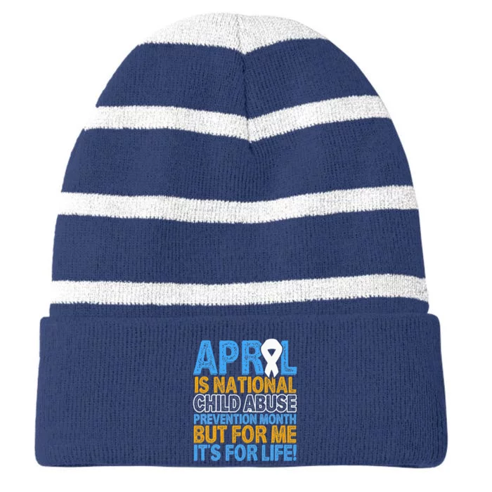 April Child Abuse Prevention Awareness Blue Ribbon Support Striped Beanie with Solid Band