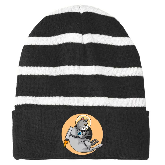 Astronaut Cat Striped Beanie with Solid Band