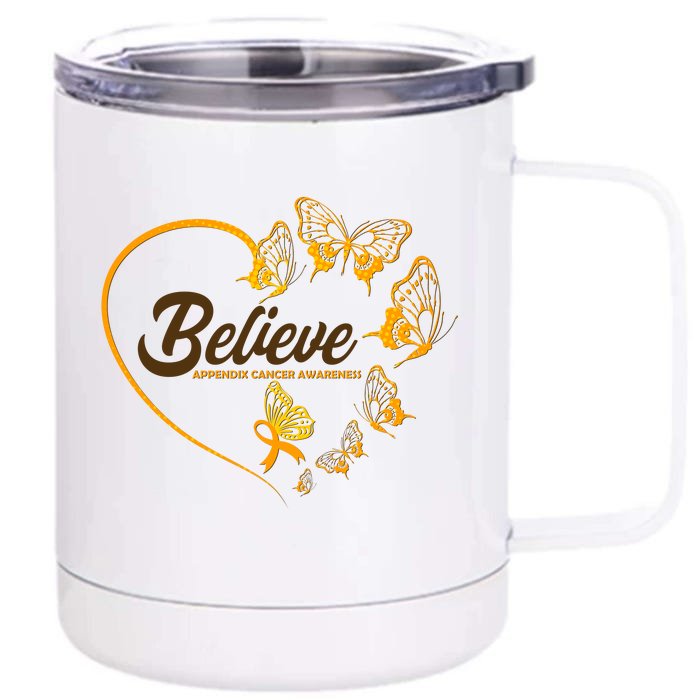 Appendix Cancer Awareness Believe Butterfly Heart Front & Back 12oz Stainless Steel Tumbler Cup