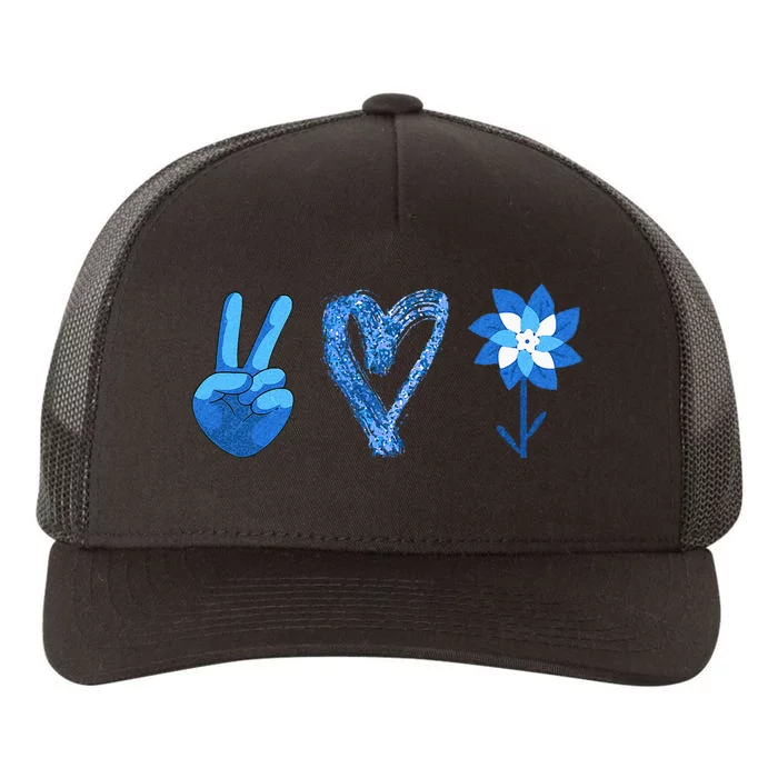 April Child Abuse Awareness Teacher Matching Peace Love Yupoong Adult 5-Panel Trucker Hat