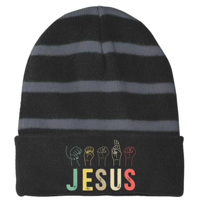 ASL Christian American Sign Language Religious Deaf Pride Striped Beanie with Solid Band