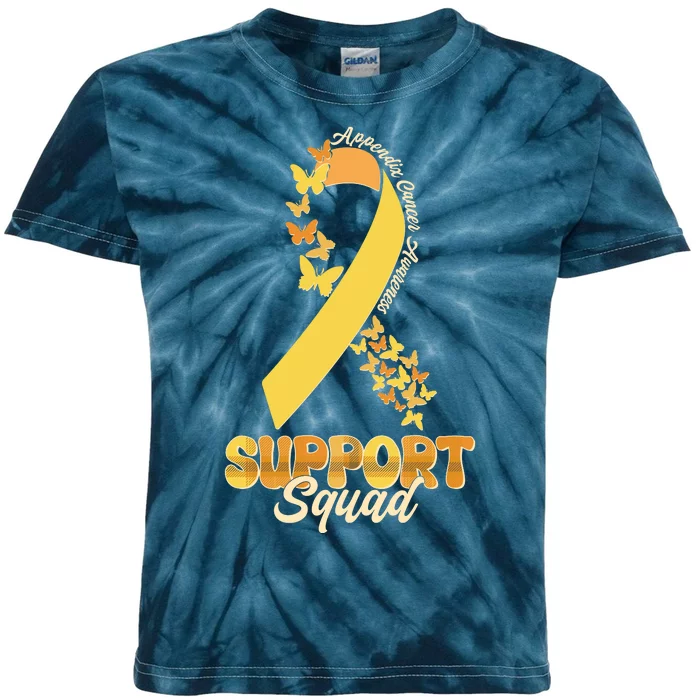 Appendix Cancer Awareness Support Squad Ribbon Butterflies Kids Tie-Dye T-Shirt