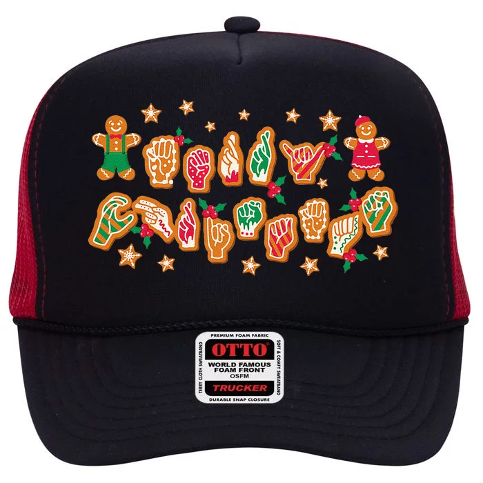 ASL Christmas American Sign Language Gingerbread Hands Deaf High Crown Mesh Trucker Hat