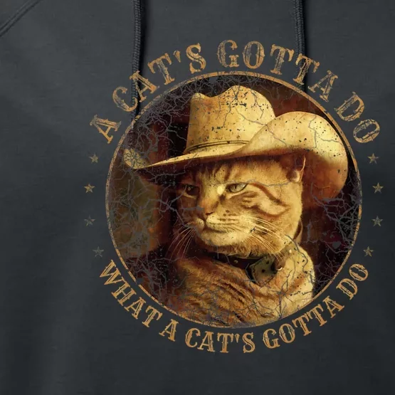 At Cowboy A CatS Gotta Do Funny Cat With Cowboy Hat Performance Fleece Hoodie