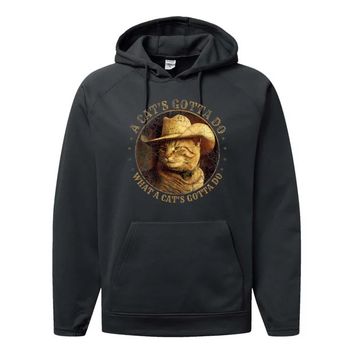 At Cowboy A CatS Gotta Do Funny Cat With Cowboy Hat Performance Fleece Hoodie