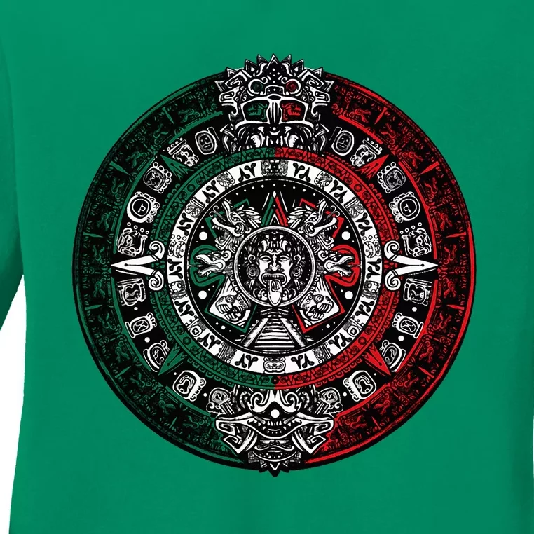 Aztec Calendar Azteca Sun Stone Mexico Flag Irt Ladies Long Sleeve Shirt