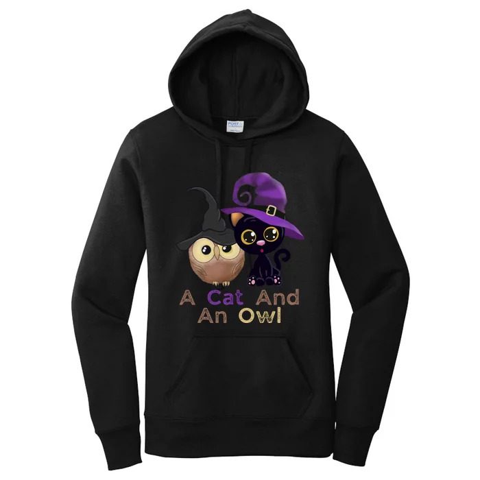 A Cat And An Owl Funny Halloween Cat Owl Women's Pullover Hoodie